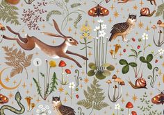 an animal and plants pattern on a gray background