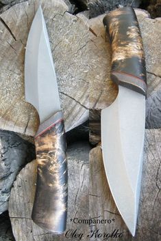 two knives sitting on top of a tree stump