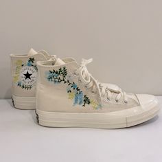 These Lovely Floral Hand Embroidered Converse I Bought From A Great Seller Off Etsy, Unfortunately, They Didn’t Fit Me, And I Was Unable To Return Them Since I Got Them Custom Embroidered. They Have Never Been Worn, Perfectly Clean, And Comes In The Converse Box (It Looks A Little Rough Because The Shipping From Etsy) They Are Size 8.5 In Womens And 6.5 In Mens And Platform Converse. The Color Is An Off White Cream And The Laces Are White. Painting White Converse, Converse Flower Embroidery, Prom Converse, Converse Shoes Platform, Painting Converse, Wedding Converse Shoes, Embroidered Converse High Tops, Beige Converse