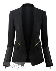 Black Cotton Closed-Fitting Stand-Collar Blazer Plain Blazer, Slim Blazer, Women Office, Women Shawl, Womens Blazers, Leather Sleeve, Long Sleeve Blazers, Casual Coat