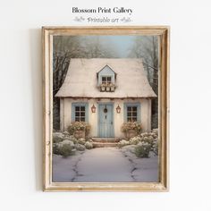 a painting of a house in the snow