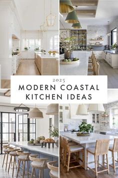 modern coastal kitchen ideas with white walls and wood floors, wooden chairs and pendant lights