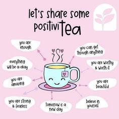 a tea cup with the words, let's share some positivtea