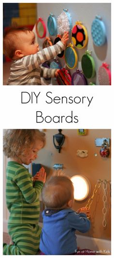 two pictures with the words diy sensory boards in front of them and children playing