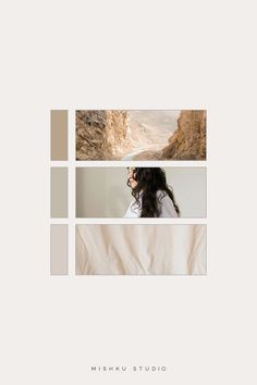 a woman sitting on top of a bed next to a white wall with four different pictures