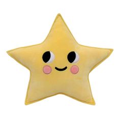 a yellow star shaped pillow with black eyes