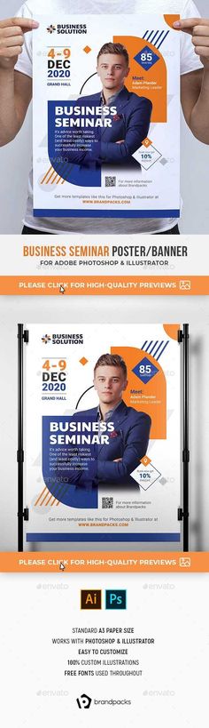 a man holding up a business flyer with an orange and blue design on the front