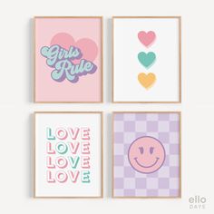 four framed art prints with hearts, smiley faces and love is in the air above them