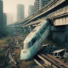 a train that is sitting on the tracks near some buildings and grass in front of it