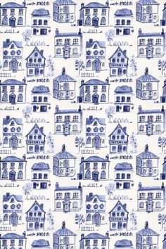 a blue and white wallpaper with houses on the front, in various sizes and colors