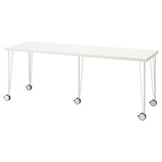 a white table with four wheels on the bottom and two legs at the top, in front of a white background