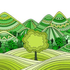 a green landscape with trees and mountains in the background, on a white background illustration