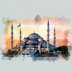 the blue mosque is painted in watercolor