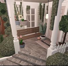 the porch is decorated with plants and potted plants