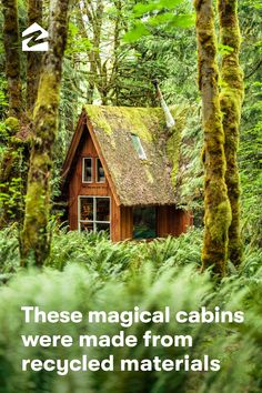 a cabin in the woods with text that reads, these whimsical cabins are a lesson in upcycling