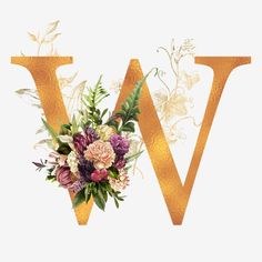 the letter w is made up of flowers and leaves on top of it's letters