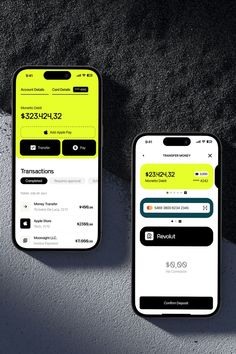 Two smartphone screens showcasing Monetto's vibrant financial app interface with account details, transaction history, and money transfer options set against a textured gray background. Financial App Design, Payment App Ui Design, Finance App Design, Transaction History Ui, Fintech App Ui Design, Payment Ui Design, Financial Branding