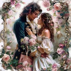 a painting of two people standing next to each other in front of flowers and roses