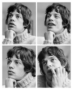 four different pictures of a man making faces with his hands on his chin and looking at the camera