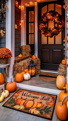 a welcome fall door mat with pumpkins and hay bales on the front porch