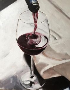 a painting of a wine glass being filled with red wine