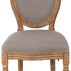 an upholstered wooden chair with grey fabric