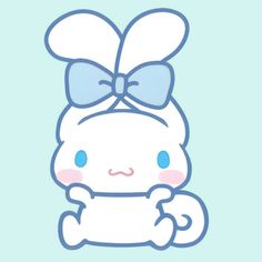 a cute little bunny with a big bow on her head, sitting in front of a blue background