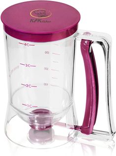 a blender with a purple lid and handle