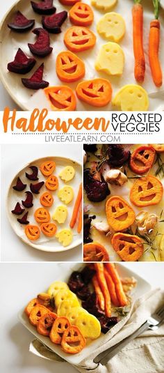 some carrots and beets are arranged on a white plate with the words halloween roasted veggies