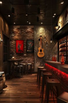 a dimly lit bar with stools and guitars on the wall, along with wooden flooring