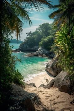 the beach is surrounded by trees and rocks, with blue water in the foreground