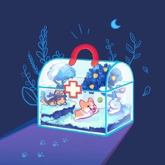 an illustration of a clear box with animals in it