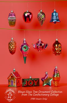 an assortment of blown glass ornaments hanging from a string on a red background with the words blown glass ornaments ornament collection from the