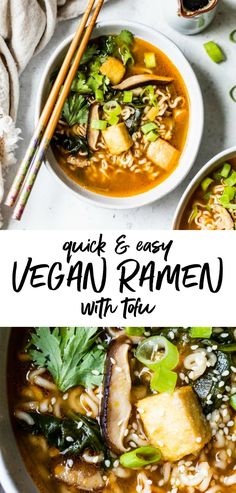 two bowls of vegan ramen with tofu and vegetables