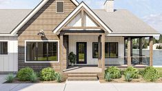 this is an artist's rendering of a house with porches and steps leading to the front door