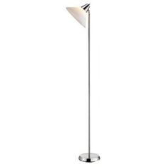 a floor lamp with a white shade on it's head and a metal base