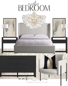 an image of a bedroom with furniture and decor on it, including a white bed