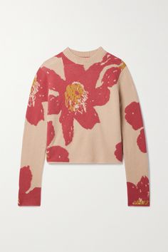 The Elder Statesman's sweater is intarsia-knitted with abstract flowers that appear as though they were drawn by hand. It's made from soft and insulating cashmere and has a ribbed crewneck and cropped, unfinished hem. Floating Florals, Elder Statesman, Hand Painted Yarn, Jacquard Sweater, Sweater Collection, Warm Sweaters, Guilty Pleasures, Knitting Inspiration, Abstract Flowers