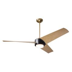 a ceiling fan with a wooden blade and two lights on the blades, in an industrial style