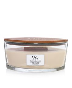 woodwick vanilla bear candle in a glass container on a white background with a wooden lid