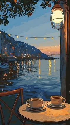 two cups of coffee are sitting on a table overlooking the water at night with lights strung over it