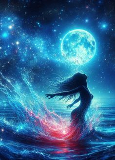 a woman standing in the water with her arms outstretched, looking up at the moon