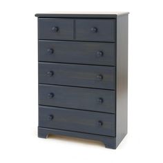 the chest of drawers is painted in dark blue and has five drawers on each side