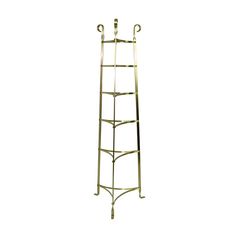 a tall metal ladder with four shelves on each side and two hooks at the top