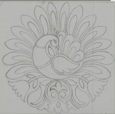 a drawing of a bird with feathers on it's head and an ornate design in the middle