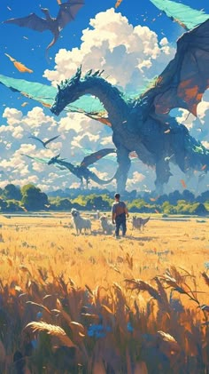 a man standing in a field next to a large dragon and other animals on a sunny day