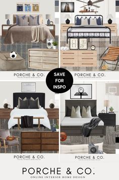 a collage of photos with furniture and bedding in different colors, sizes and styles