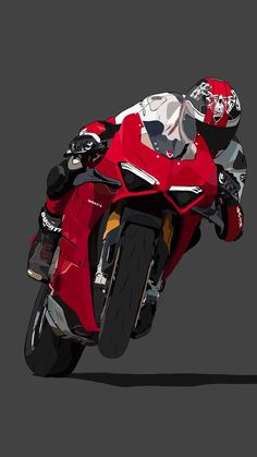 a man riding on the back of a red motor bike in front of a gray background