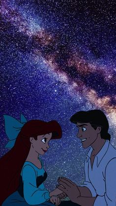 the little mermaid and prince from disney's animated movie, ariel with stars in the background