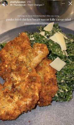 some food is on a plate with greens and cheese